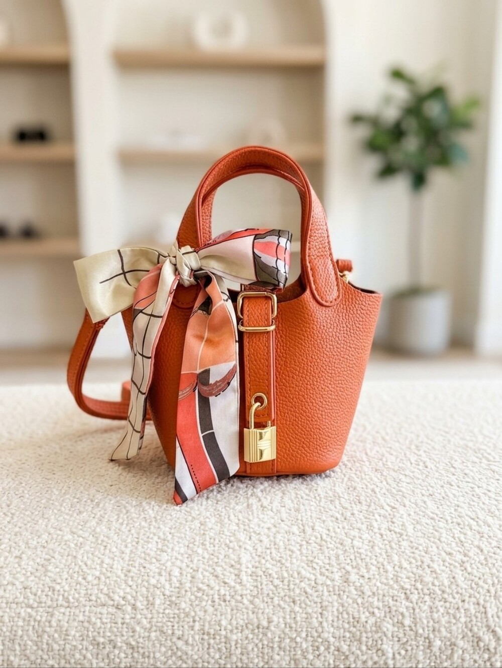 Orange Mini Tote / Crossbody Bag with Scarf-Vegan Leather